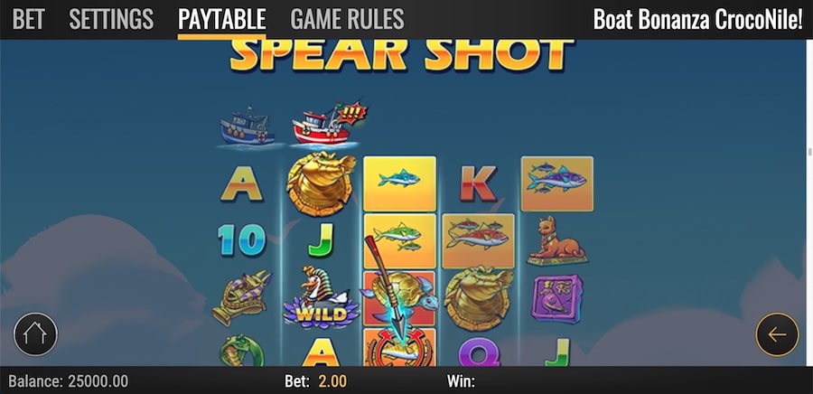 Boat Bonanza CrocoNile Spear Shot özelliği, kırmızı tekne mızrak atarken