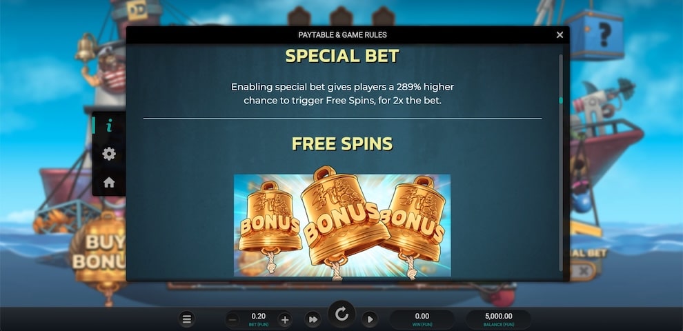 Net Gains Dream Drop slot showing Special Bet option with 289% higher chance of triggering golden bell free spins.